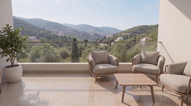 تراس متصل بغرفة المعيشة يطل على الجبال